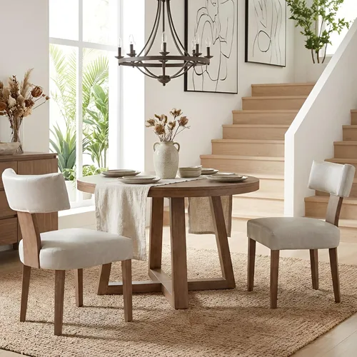 Miniatura 10 de HNY Juego de 6 sillas de comedor de ratán de estilo de mediados de siglo, silla de acento tapizada en lino de estilo granja con respaldo curvo