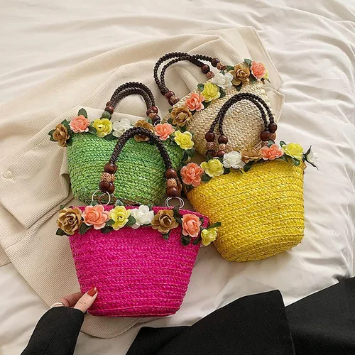 Miniatura 6 de Helenbra Bolso de mano de paja de flores para mujer, bolso de hombro con asa trenzada retro de verano, bolso de hombro bohemio para playa y viaje