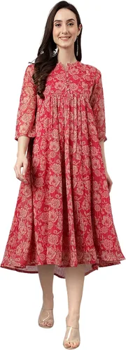 Miniatura 2 de Janasya Indian - Vestido acampanado de gasa rosa oscuro con estampado floral lúrex para mujer