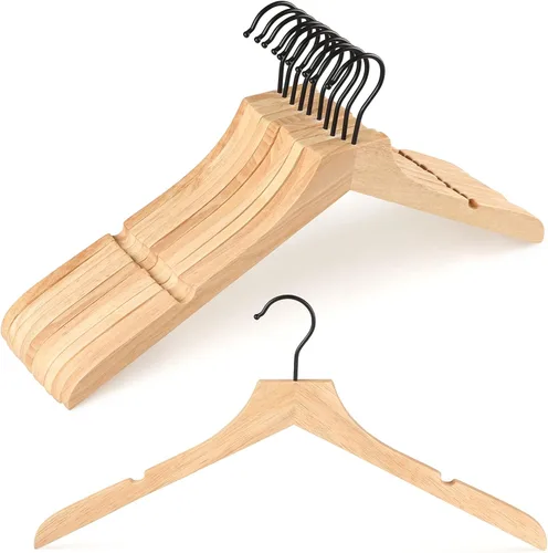 Miniatura 12 de TOPIA HANGER Perchas de madera de bambú, perchas con gancho negro giratorio y nothces de corte liso, juego de 12 perchas de madera duraderas