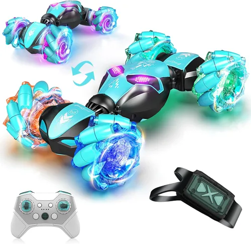 AEROQUEST Auto de acrobacias RC azul para niños – Autos de control remoto todoterreno 4WD con detección de gestos, deriva de 360°, luces LED y Morado