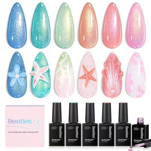 Miniatura 27 de Beetles - Juego de esmaltes de gel azul, esmalte de uñas de gel plateado azul marino oscuro con purpurina, 6 colores, lámpara UV para remojar uñas