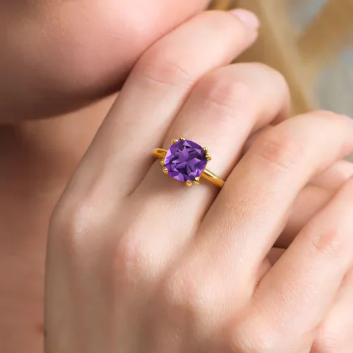 Miniatura 4 de Gem Stone King 3-5 Cttw Gemstone Birthstone Double Prong Solitaire Ring for Women 18K Yellow Gold Plated Silver Cushion 10MM Anniversary