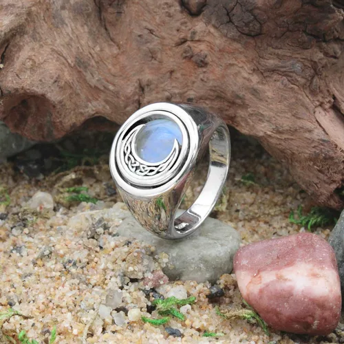 Miniatura 2 de Anillo de plata de ley con luna creciente celta con piedra lunar arcoíris (tallas 4-15)