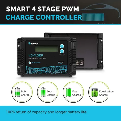 Miniatura 3 de Renogy Voyager 20A 12V/24V PWM controlador de carga solar impermeable con pantalla LCD para batería AGM, de gel, con celdas húmedas y de litio