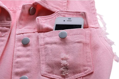 Miniatura 6 de JiangWu Chaleco de mezclilla para mujer, sin mangas, con botones, rasgado, casual