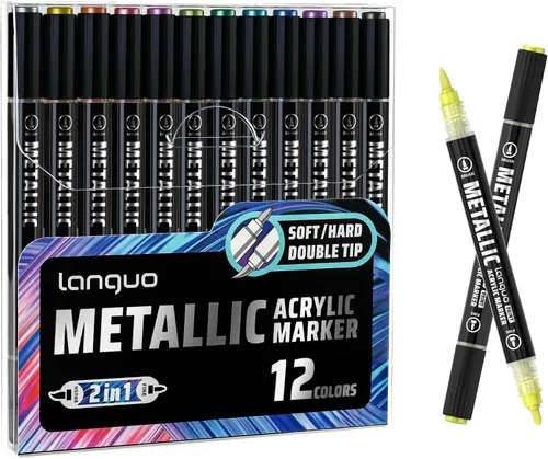 languo Marcadores de pintura acrílica metálica, juego de 12 colores de doble punta (pincel y fino), bolígrafos de pintura con purpurina para papel