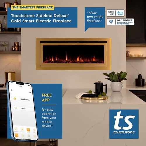 Miniatura 5 de Touchstone Sideline Deluxe - Chimenea eléctrica inteligente dorada, 60 pulgadas de ancho, habilitada para Alexa/WiFi, empotrada en pared, 5 ajustes