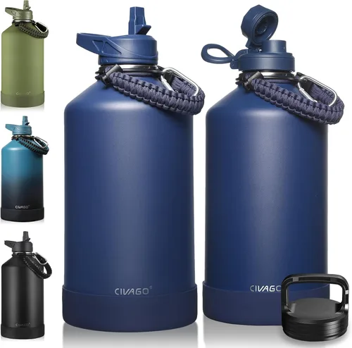 Miniatura 21 de CIVAGO Botella de agua aislada de 22 onzas con pajita, frasco de agua deportiva de acero inoxidable con 3 tapas