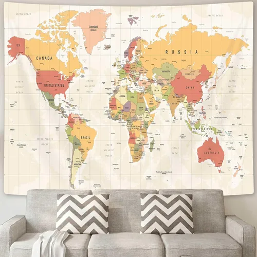 Miniatura 6 de ICTEISOM Tapiz de mapa del mundo para niños estudiantes, mapa del mundo con países y ciudades principales, tapiz de arte de pared póster tapices