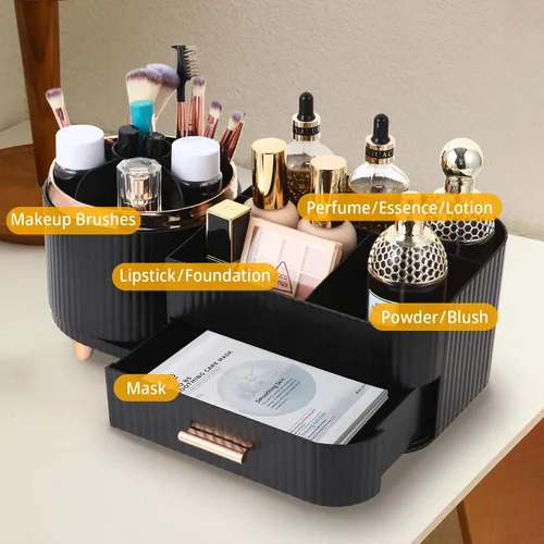 Miniatura 2 de Organizador de maquillaje para encimera con cajón, rotación de 360 grados, soporte para brochas, almacenamiento de gran capacidad, vitrinas