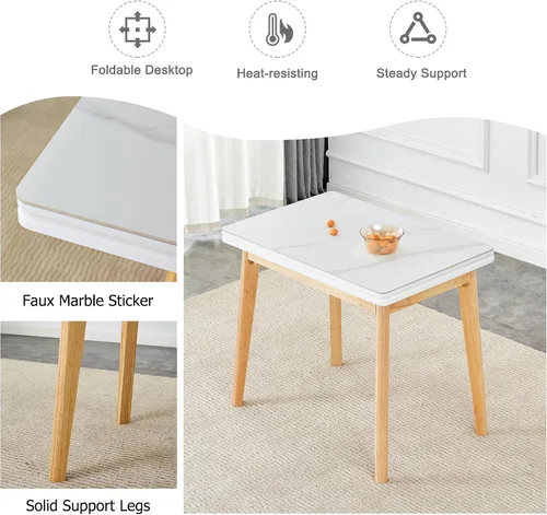 Miniatura 5 de Mesa de piedra sinterizada blanca con patas de madera de goma, escritorio plegable para computadora, escritorio de oficina plegable, adecuado