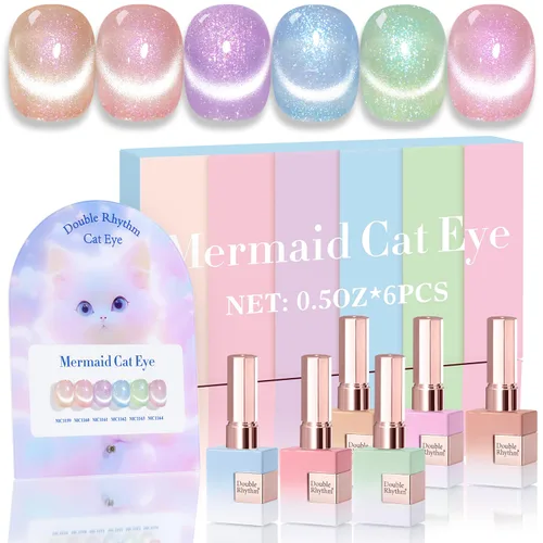 Miniatura 11 de Double Rhythm - Juego de esmalte de uñas de gel ojo de gato de 6 unidades, mismo color, misma botella, 14.8 ml, brillo con glitter, con imán