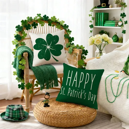 Miniatura 3 de Juego de 4 fundas de almohada del Día de San Patricio de 16 x 16 pulgadas, decoraciones del día de San Patricio, diseño de trébol de la suerte