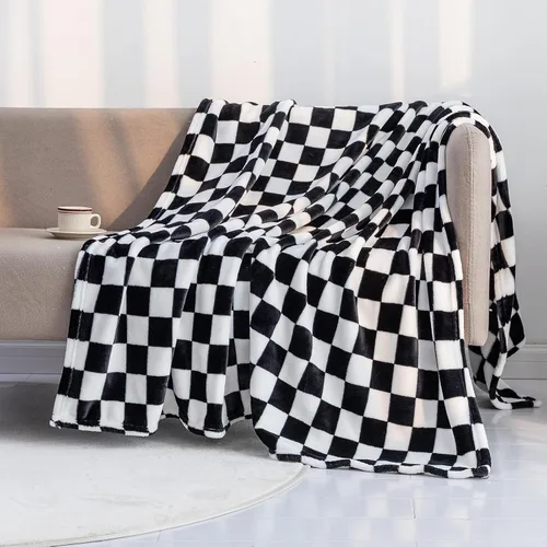 LOMAO Manta de franela con patrón de cuadrícula de ajedrez, suave, lujosa, cálida y acogedora para sofá y cama, para todas las estaciones (negro, 40