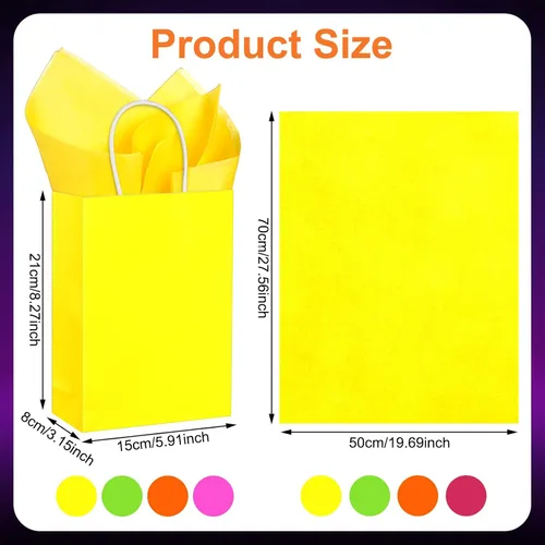 Miniatura 2 de Sherr Paquete de 24 bolsas de regalo de neón con papel de seda de 5.91 x 3.15 x 8.27 pulgadas, coloridas bolsas de papel arcoíris con asas, bolsas