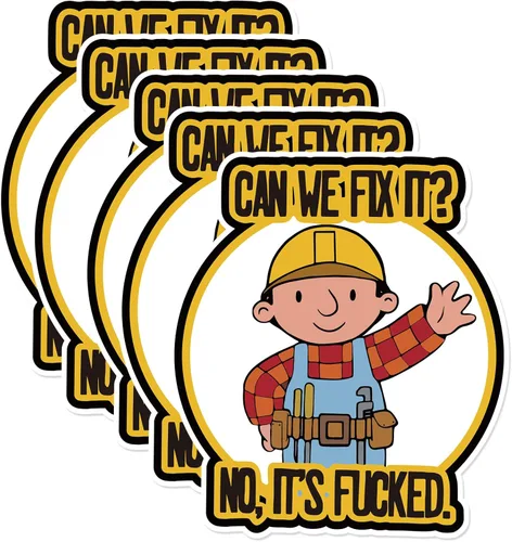 XMJY Paquete de 5 calcomanías divertidas para cascos duros, ¿Podemos arreglarlo? No, It's Fucked, lindas calcomanías de dibujos animados para casco