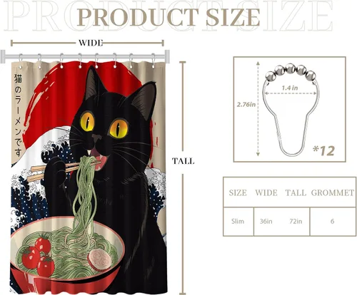 Miniatura 5 de Cortina de ducha estrecha con diseño de gato negro y animé japonés para casa rodante, juegos de decoración de baño, tela impermeable con ganchos, 36