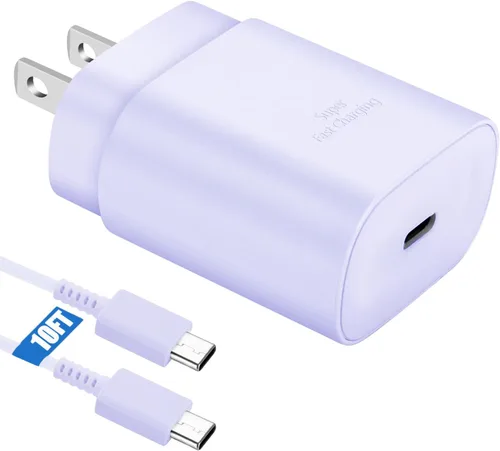 Cable de carga súper rápida de 25W Tipo C con bloque y cable cargador USB C de 10 pies para teléfono Android Samsung Galaxy S25/S24 Púrpura