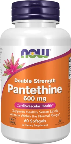 NOW Foods Suplementos, Pantetina (Precursor de Coenzima A) 600 mg, Doble Fuerza, Salud Cardiovascular*, 60 Cápsulas Blandas