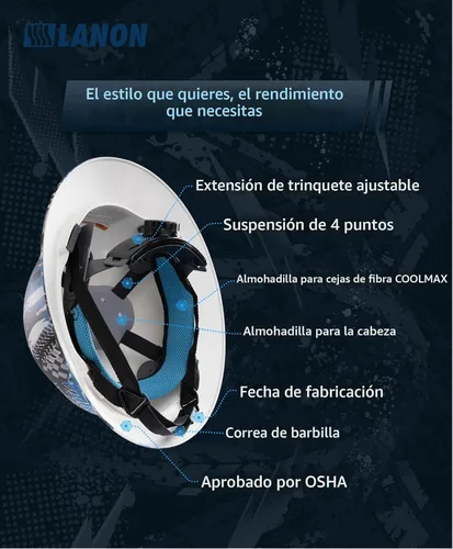 Miniatura 2 de LANON Casco duro de ala completa, aprobado por OSHA para trabajos de construcción, diseño de patrón azul premium, casco de seguridad FRP