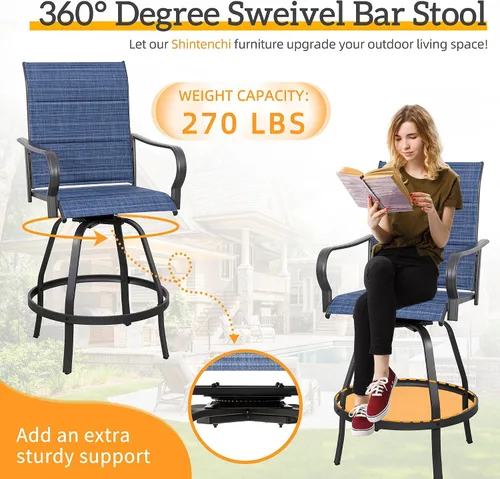 Miniatura 5 de Shintenchi Taburetes de bar giratorios de 2 piezas para patio, sillas de bar acolchadas para todo tipo de clima, sillas de bistró de tela
