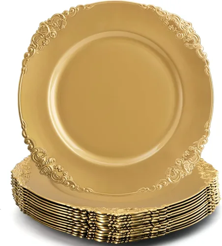 Okllen Paquete de 12 Platos Base Dorados, Platos Base Redondos para Cena de 13" con Borde en Relieve para Catering, Boda, Decoración de Mesa