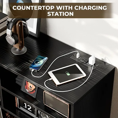 Miniatura 6 de Soporte XL para tocadiscos con puertas corredizas, gabinete de almacenamiento de discos de vinilo con estación de carga y puertos USB, mesa moderna