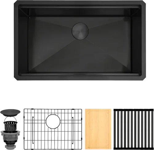 Miniatura 14 de Fregadero de cocina de 33 x 22 pulgadas, color negro, 33 pulgadas de montaje superior, fregadero de cocina de acero inoxidable calibre 16, estación