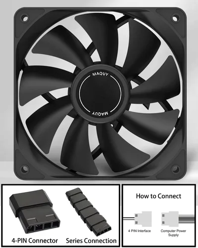 Miniatura 6 de Paquete de 3 ventiladores negros de carcasa de computadora de 4.724 in, refrigeración por aire de alto rendimiento, bajo ruido, 4 pines y 1200 rpm