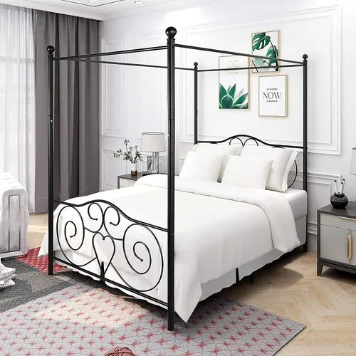 Miniatura 3 de Marco de cama tamaño matrimonial, listones de acero resistente y soporte con cabecero y estribo, no requiere somier (negro)
