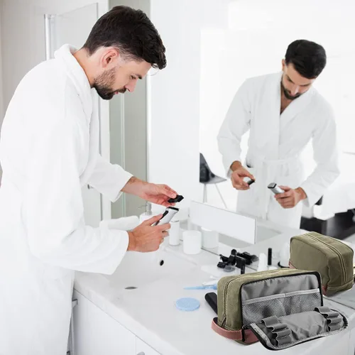 Miniatura 7 de Neceser de viaje para hombres y mujeres, organizador de artículos de tocador de lona resistente al agua, de cuero vegano, kit de Dopp colgante