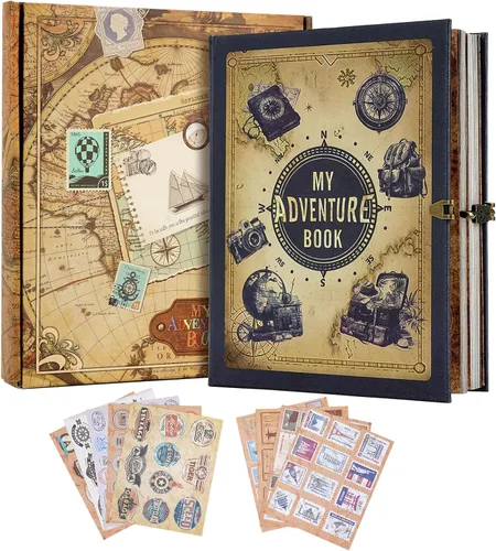 Miniatura 10 de Álbum de fotos para álbumes de recortes Nuestro Libro de Aventura, libro de memorias de cuero con palabras en relieve en 3D con 80 páginas