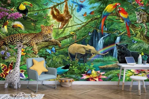 Miniatura 15 de Pegatinas de pared de animales de selva de plantas verdes tropicales, murales de pared personalizados para dormitorios, salas de estar, oficinas