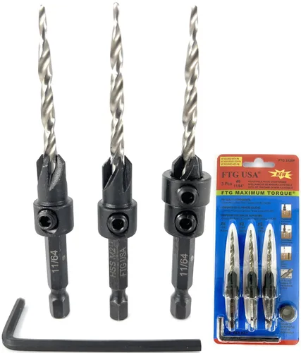 Miniatura 38 de FTG USA Juego de brocas avellanadoras de madera ajustable, 5 piezas, broca avellanadora #4 #6 #8 #10 #12 con broca cónica para carpintería