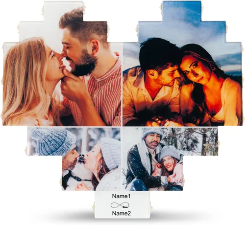 Marcos de fotos personalizados de corazón, decoración de pared, marco de fotos personalizado con luces LED, collage de múltiples fotos para 4 fotos
