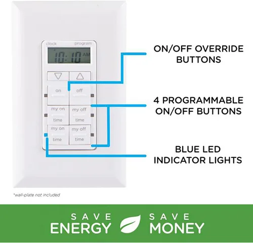 Miniatura 4 de myTouchSmart Temporizador digital de pared, 4 botones programables de encendido/apagado, 2 botones de encendido/apagado fáciles, ciclos diarios