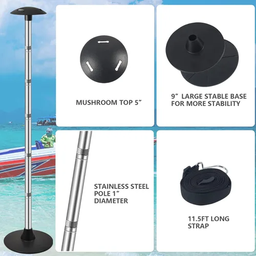 Miniatura 5 de Paquete de 2 postes de soporte para cubierta de barco, postes de soporte ajustables de acero inoxidable resistente con correas, 13.4 a 60.6