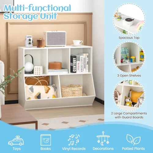 Miniatura 3 de KOTEK Organizador de almacenamiento de juguetes de 5 cubos, gabinete de almacenamiento de juguetes de madera, estante abierto para juguetes, Natural