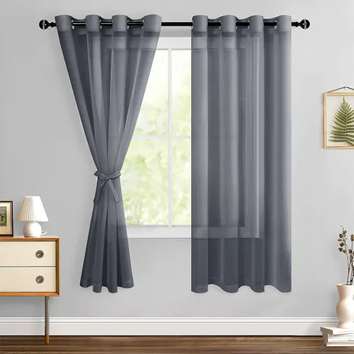 Miniatura 9 de Hiasan - Cortinas traslúcidas de gasa cortas semitransparentes con ojales y alzapaños filtrantes de luz para ventana, dormitorio, baño, 2 paneles