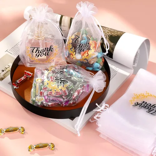 Miniatura 6 de Hopttreely Pequeñas bolsas de organza de agradecimiento, recuerdos de boda con cordón, bolsas de regalo de joyería 4X6 para fiestas, bolsas de Blanco