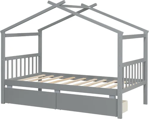 Miniatura 8 de Bellemave Cama Casa Tamaño Twin con 2 Cajones de Almacenamiento Cama Casa Montessori de Madera para Niños Marco de Cama de Madera Casa de Juegos Gris