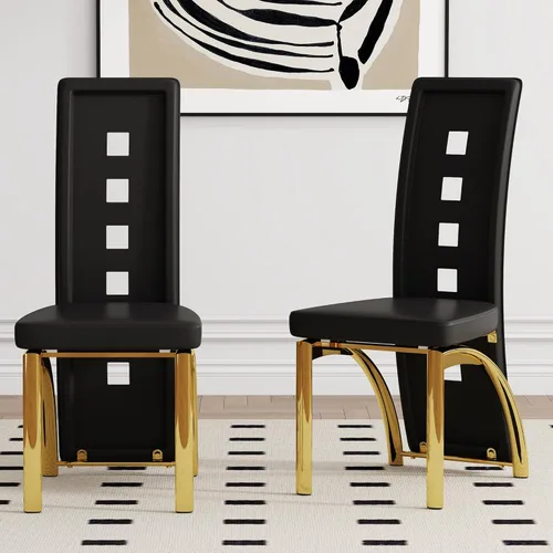 Juego de 2 sillas de comedor modernas, juego de 2 sillas de comedor negras, sillas de cocina tapizadas de piel sintética con patas de metal dorado,