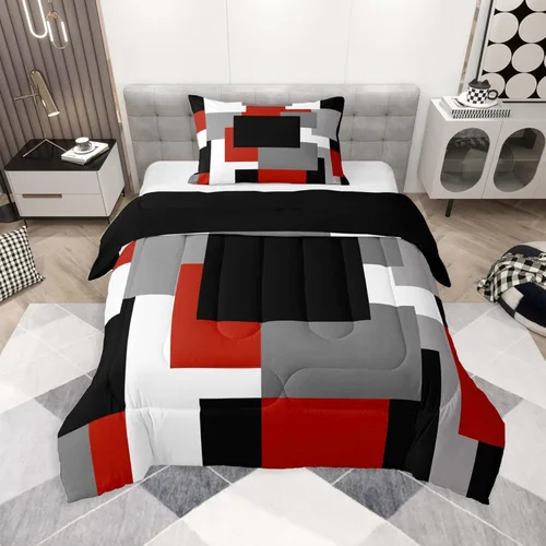 Miniatura 29 de jejeloiu Juego de edredón geométrico para niños, tamaño individual, diseño de rayas de color negro, blanco y gris, juego de ropa de cama decorativo