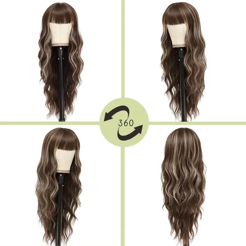 Miniatura 2 de NAYOO Pelucas marrones con flequillo para mujer, pelucas de cabello largo y ondulado, resistentes al calor, pelucas de fibra sintética para uso