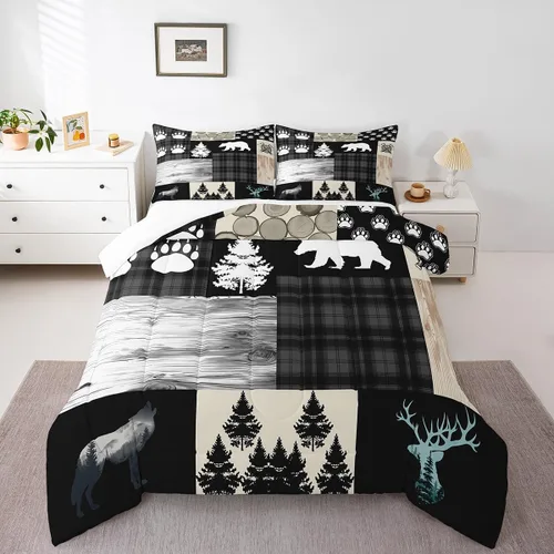 Miniatura 14 de Manfei Rutic Farmhouse - Juego de edredón tamaño King, juego de ropa de cama de retazos de madera a cuadros de ciervo, oso, árbol, 3 piezas