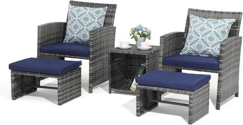 Miniatura 13 de OC Orange-Casual Juego de muebles de patio de 5 piezas, silla de mimbre para conversación al aire libre y juego otomano con mesa auxiliar, almohadas
