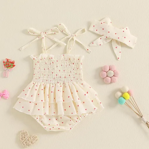 Miniatura 66 de Mameluco para bebés y niñas de 3, 6, 9, 12, 18 meses, enterizo de manga corta, fruncido, faldas y dobladillo, diadema