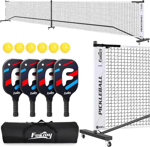 Pickleball Net Set with 4 Fiberglass Paddles, Portable Pickleball Set with 4 Fiberglass Paddles, 6 Balls & Carry Bag, Easy Setup for Driveway,