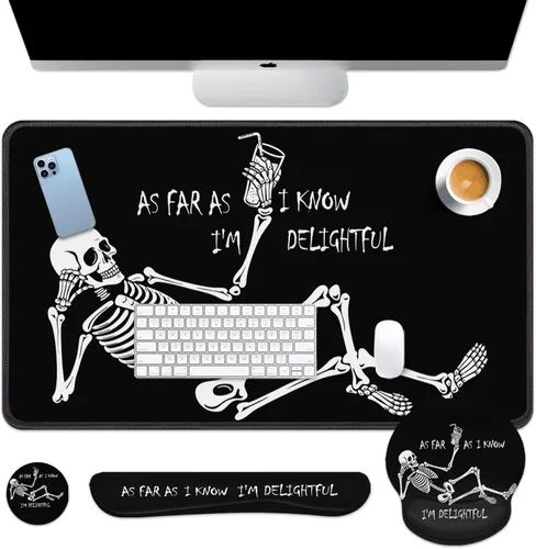 Britimes Juego de alfombrillas de mouse de teclado de esqueleto de calavera negra 4 en 1 + reposamuñecas para teclado+reposamuñecas de ratón+juego